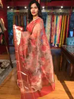 Red Organza Silk Saree with Kanchi Zari Border - Image 3
