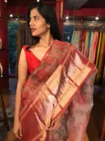 Red Organza Silk Saree with Kanchi Zari Border - Image 2