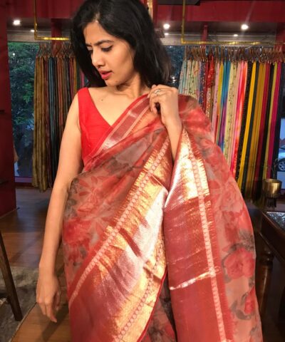 Red Organza Silk Saree with Kanchi Zari Border