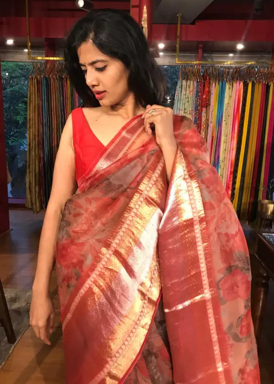 Red Organza Silk Saree with Kanchi Zari Border