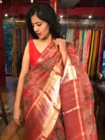 Red Organza Silk Saree with Kanchi Zari Border - Image 6
