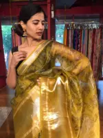 Yellow Printed Organza Silk Saree highlighted with Kanchi Silk Zari Weaves