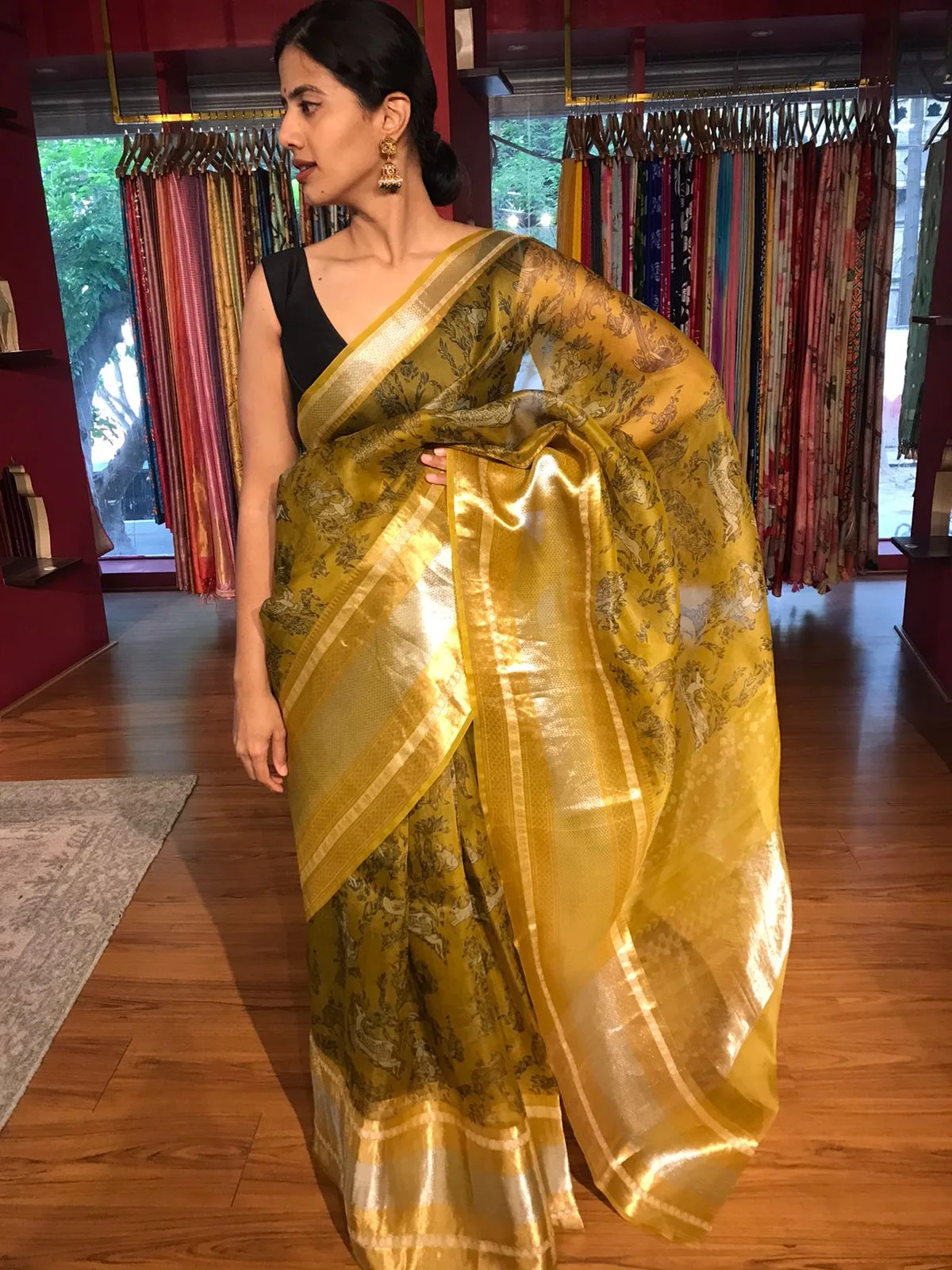 Yellow Printed Organza Silk Saree highlighted with Kanchi Silk Zari Weaves - Image 6