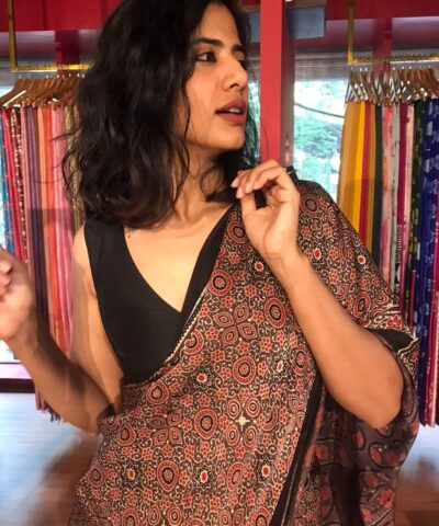 Brown Modal Silk Saree with Ajrakh Hand Block Prints