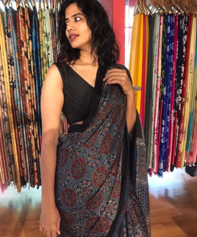 Blue Modal Silk Saree with Ajrakh Hand Block Prints
