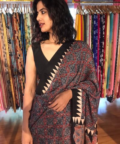 Multicolor Block Printed Ajrakh Modal Silk Saree