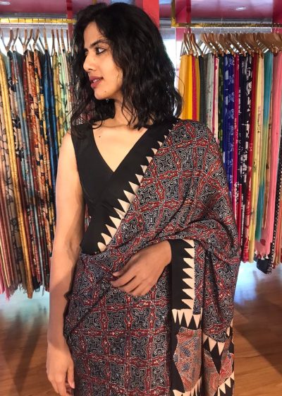 Multicolor Block Printed Ajrakh Modal Silk Saree