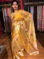 Yellow Printed Organza Silk Saree with Kanchi Zari Weaves - Image 2