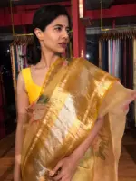 Yellow Printed Organza Silk Saree with Kanchi Zari Weaves
