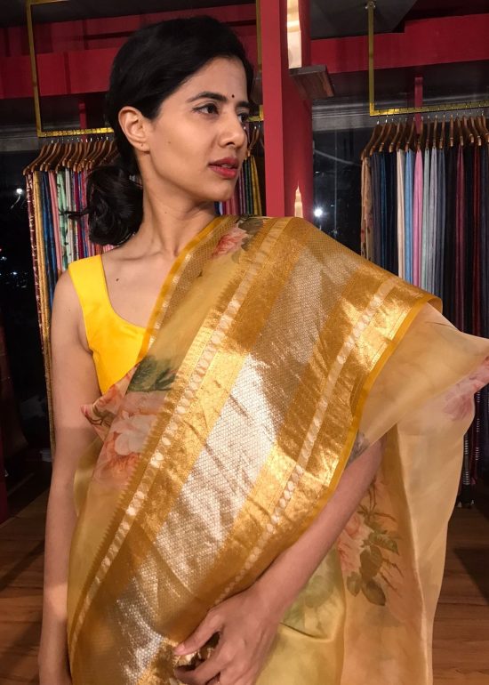 Yellow Printed Organza Silk Saree with Kanchi Zari Weaves
