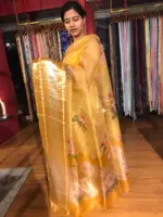 Yellow Printed Organza Silk Saree with Kanchi Zari Weaves - Image 3
