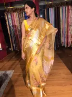 Yellow Printed Organza Silk Saree with Kanchi Zari Weaves - Image 5