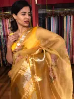 Yellow Printed Organza Silk Saree with Kanchi Zari Weaves - Image 4