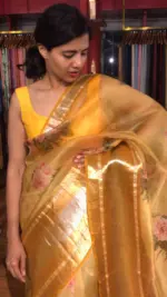 Yellow Printed Organza Silk Saree with Kanchi Zari Weaves - Image 6