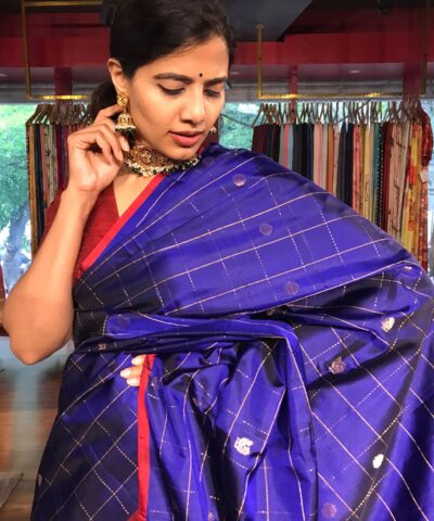 Royal Blue Kanchivaram Silk Saree Chequered with Gold Zari Buttis