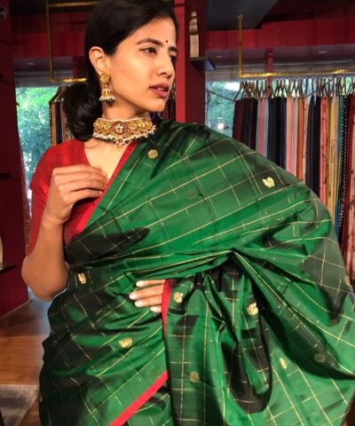 Bottle Green Kanchivaram Silk Saree Chequered with Gold Zari Weaves