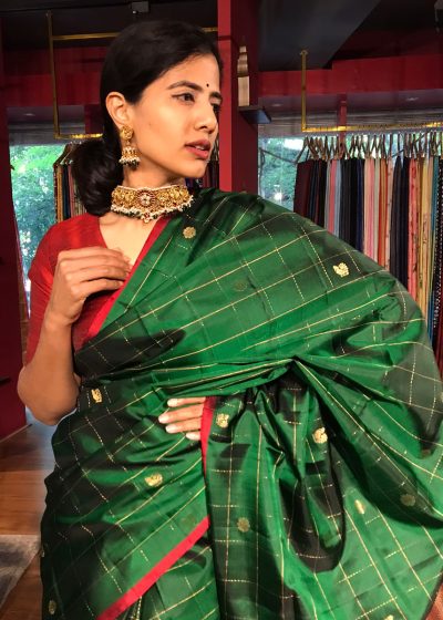 Bottle Green Kanchivaram Silk Saree Chequered with Gold Zari Weaves