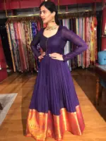 Purple Cotton Dress highlighted with Kanchi Silk Border - Image 4