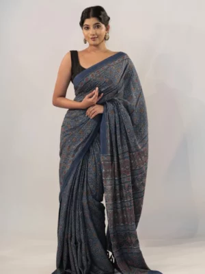 blue Ajrakh Saree mirra clothing