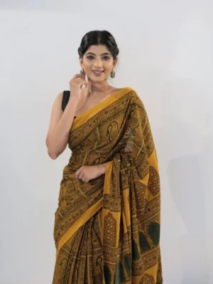 Mustard Ajrakh saree mirra clothing