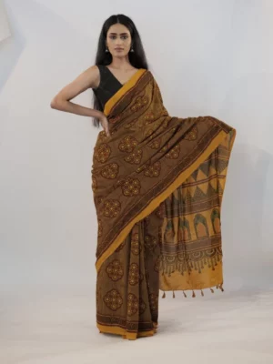 Mustard Ajrakh saree mirra clothing