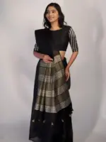 Black Handwoven Linen Saree - Image 2