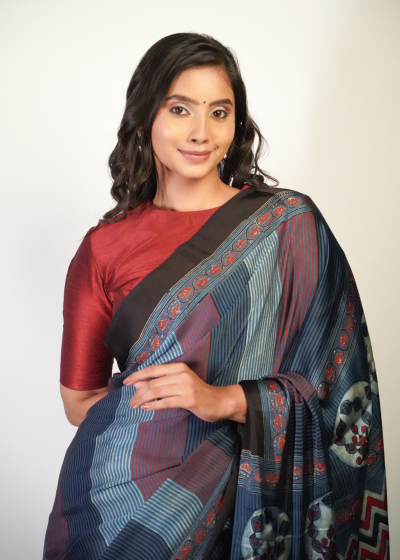 Ajarkh printed soft modal silk saree by Mirra Clothing