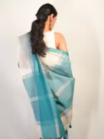 White Handwoven Pure Linen Saree - Image 4