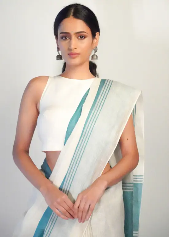 Hand woven pure Linen Saree by Mirra Clothing