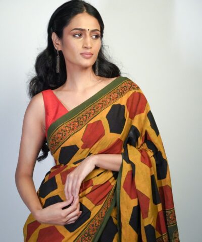Ajrakh Printed Cotton Saree by Mirra Clothing