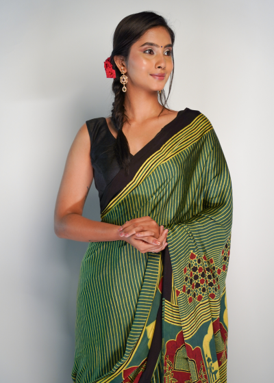Elegant and Beautiful Ajrakh Modal Silk Saree By Mirra Clothing