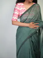 Teal Handwoven Mul Cotton Saree - Image 3