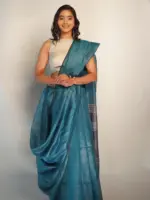 Blue Handwoven Pure Linen Saree - Image 3