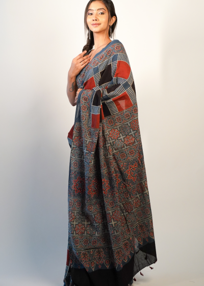 Elegant Ajrakh Cotton Silk Saree By Mirra Clothing