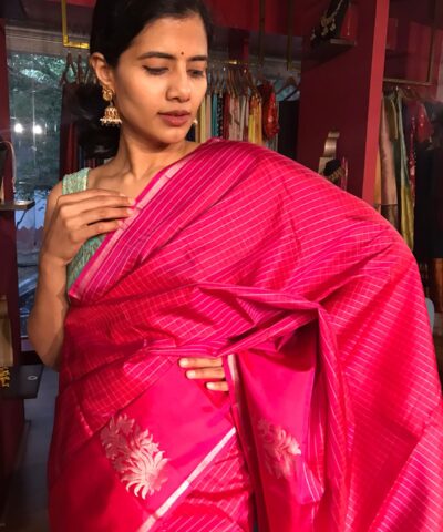 Pink Kanchivaram Silk Saree with Silver Checks