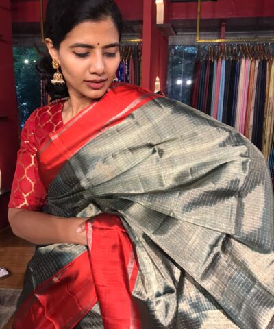 Sea Green Tissue Kanchivaram Silk Saree in Chequered Pattern