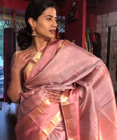 Salmon Pink Kanchivaram Silk Saree with Gold Brocade Zari Weaves
