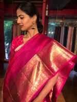 Pink Kanchivaram Silk Saree with Gold Zari Checks and Kanchi Zari  Border - Image 4