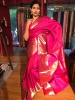 Pink Kanchivaram Silk Saree with Gold Zari Checks and Kanchi Zari  Border - Image 5