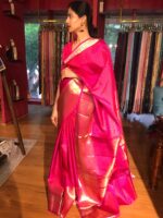 Pink Kanchivaram Silk Saree with Gold Zari Checks and Kanchi Zari  Border - Image 6