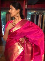 Pink Kanchivaram Silk Saree with Gold Zari Checks and Kanchi Zari  Border - Image 3