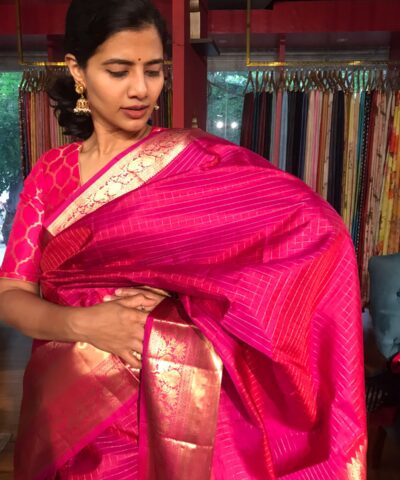 Pink Kanchivaram Silk Saree with Gold Zari Checks and Kanchi Zari  Border