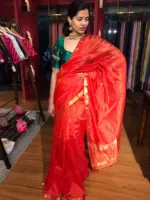 Orange Mangalagiri Silk Saree Handwoven in Chequered Pattern - Image 2