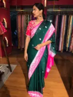 Bottle Green Chiffon Silk Saree with Kadwa Zari Buttis - Image 6