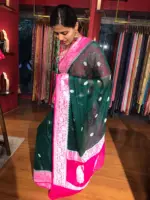 Bottle Green Chiffon Silk Saree with Kadwa Zari Buttis - Image 4