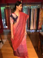 Ombre Red Handwoven Linen Saree - Image 4