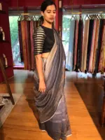 Ombre Grey Handwoven Pure Linen Saree - Image 5