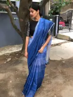 Ombre Blue Handwoven Pure Linen Saree - Image 2