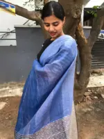 Ombre Blue Handwoven Pure Linen Saree - Image 4