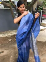 Ombre Blue Handwoven Pure Linen Saree - Image 3